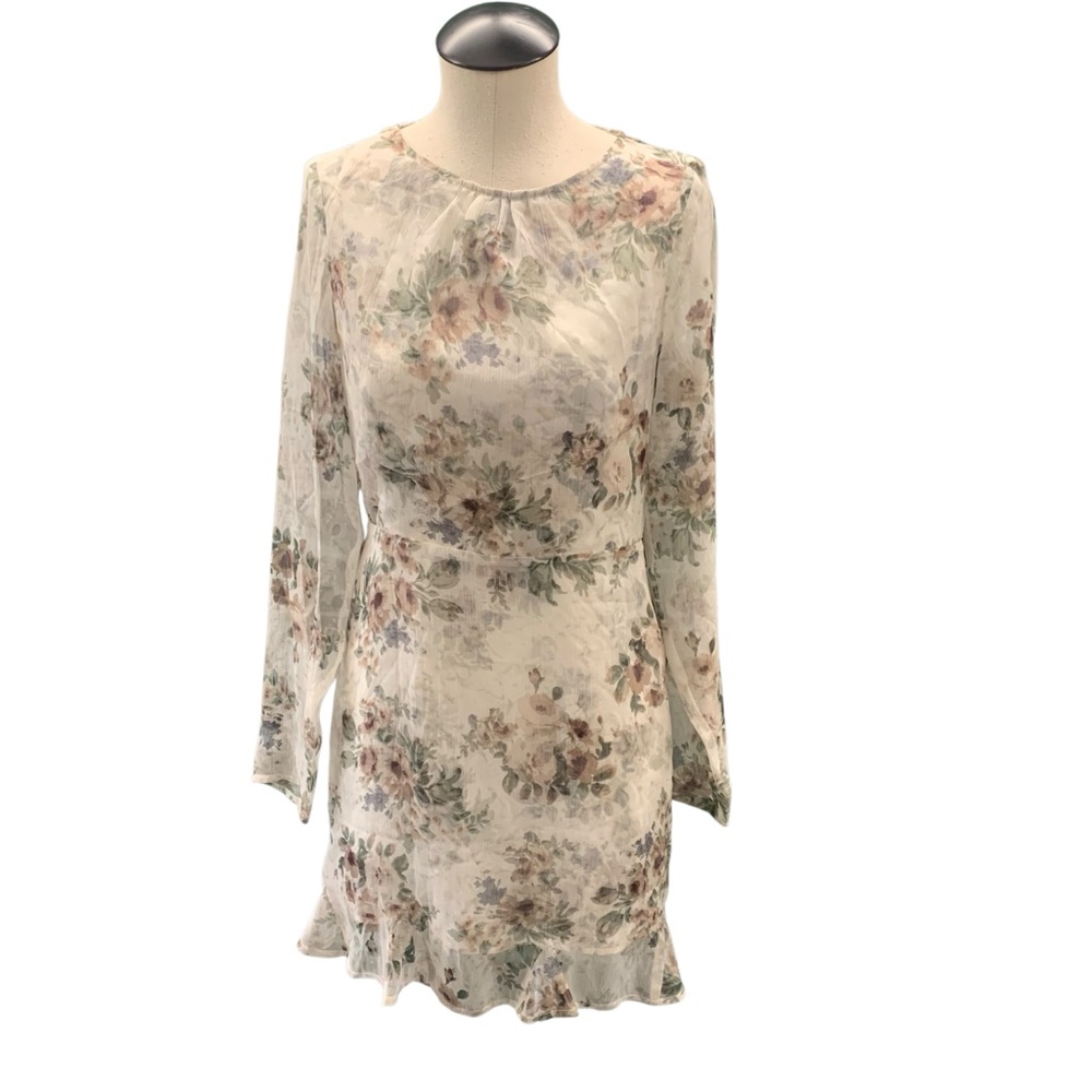 FOR LOVE & LEMONS Floral Ruffle Hem Sheer Sleeve Mini Dress Size M